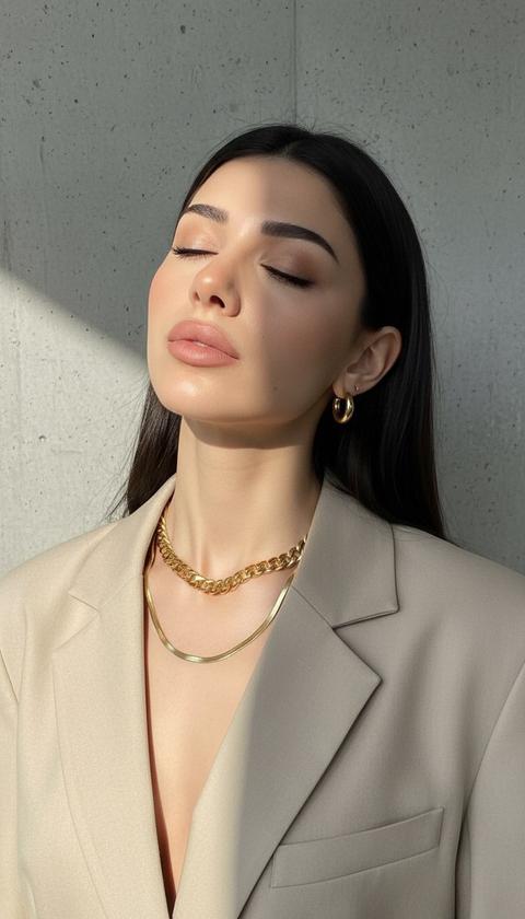 Крупный студийный снимок женщины с закрытыми глазами, залитой ярким направленным светом, создающим драматические теневые узоры, демонстрирующий элегантные золотые украшения. Крупный план охватывает верхнюю часть ее туловища, голова слегка откинута назад, глаза закрыты, изображение смещено от центра. На ней свободный светло-бежевый пиджак, небрежно накинутый на одно плечо. Она украшена несколькими золотыми изделиями: двухъярусными ожерельями (толстая цепь-панцирь, тонкая цепочка-змейка) и простыми золотыми серьгами-кольцами. Снято в помещении, в профессиональной студии, на фоне простой текстурированной серой бетонной стены. Направленное освещение чрезвычайно драматичное и контрастное, вероятно, от одного, жесткого источника света, отбрасывающего резкие, геометрические тени на ее лицо, шею и текстурированный фон. Освещение подчеркивает ее ключицы, блеск ее кожи и металлический блеск ее украшений. Снято на 100-миллиметровый портретный объектив, малая глубина резкости, резкий фокус на лице и украшениях, фотореалистично, с высокой детализацией. Крупный студийный снимок женщины с закрытыми глазами, залитой ярким направленным светом, создающим драматические теневые узоры, демонстрирующий элегантные золотые украшения. Крупный план охватывает верхнюю часть ее туловища, голова слегка откинута назад, глаза закрыты, изображение смещено от центра. На ней свободный светло-бежевый пиджак, небрежно накинутый на одно плечо. Она украшена несколькими золотыми изделиями: двухъярусными ожерельями (толстая цепь-панцирь, тонкая цепочка-змейка) и простыми золотыми серьгами-кольцами. Снято в помещении, в профессиональной студии, на фоне простой текстурированной серой бетонной стены. Направленное освещение чрезвычайно драматичное и контрастное, вероятно, от одного, жесткого источника света, отбрасывающего резкие, геометрические тени на ее лицо, шею и текстурированный фон. Освещение подчеркивает ее ключицы, блеск ее кожи и металлический блеск ее украшений. Снято на 100-миллиметровый портретный объектив, малая глубина резкости, резкий фокус на лице и украшениях, фотореалистично, с высокой детализацией.