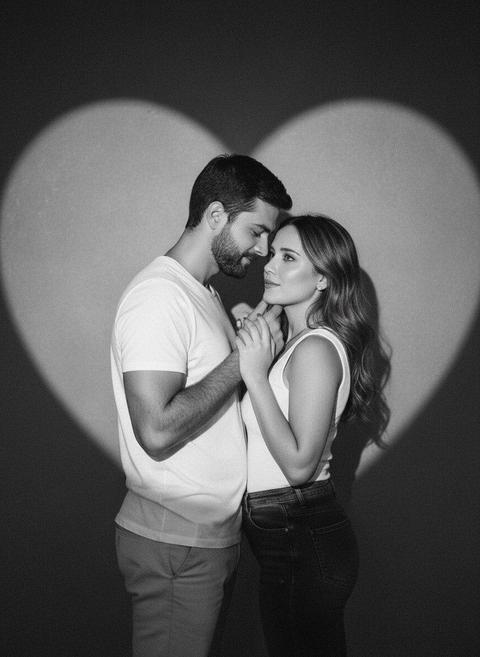 Используйте внешность пользователя 1:1 — те же лицо, тон кожи, волосы и пропорции без каких-либо изменений. Создайте романтичный чёрно-белый студийный портрет реальной пары, стоящей перед стеной, на которую проецируется свет в форме сердца. Лица обоих остаются полностью аутентичными, без ретуши, с сохранением естественного цвета волос. Мужчина выше ростом наклоняется к женщине, мягко касаясь её шеи дыханием, его выражение нежное и тёплое; одной рукой он держит её за пальцы. Женщина чуть улыбается, взгляд спокойный и любящий. Одежда без изменений: мужчина в белой футболке и светлых брюках, женщина в белом топе без рукавов и тёмных джинсах. Свет контрастный, подчёркивает их силуэты внутри светящегося сердца. Детализация высокая, текстуры кожи и ткани реалистичны. Съёмка профессиональная, с малой глубиной резкости, акцент на взгляде и линии профилей. Атмосфера — нежная, кинематографичная, с тонким плёночным зерном и мягким контровым сиянием.