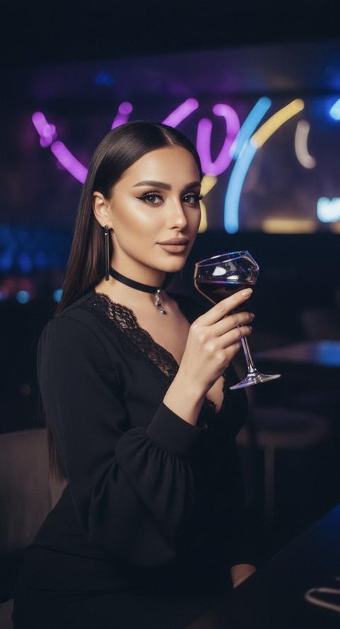 A photo of a woman sitting in a nightclub, holding a glass of drink to her face, her body turned sideways to the left, looking at the camera.

A half-length portrait, capturing the hips, vertical orientation, shot at eye level, the figure is shifted to the left side of the frame, the right side is filled with a dark, blurred background with lights, and depth is emphasized by highlights and reflections.

Dramatic evening makeup with an even, matte skin tone, bold, graphic eye makeup with shadows and precise eyeliner, extended, volumized lashes, and a matte lipstick in a muted pink-brown shade.

The woman is wearing a black dress with a deep V-neckline. The matte fabric is non-sheen, the V-neckline is accentuated with lace trim, and the sleeves are long and loose. She wears a black choker with decorative pendants and long, dark metallic earrings. Her hair is sleek and tucked behind her shoulders. She holds a clear, thin-stemmed glass containing a dark, burgundy-colored drink.

The location is a nightclub interior. The background consists of blurred, multicolored lights in purple, blue, and yellow hues. Reflections of light and glass create a sense of depth. The surrounding environment is dark, with minimally discernible furniture details.

The lighting is contrasting and cinematic, with the main light coming from the camera flash. Background light sources create colored highlights and bokeh. Shadows are deep, with distinct transitions. There is a high contrast between the illuminated face and the dark surroundings. The atmosphere is nocturnal and intimate.

Shot with an 85mm portrait lens and flash, shallow depth of field, focus on the face and glass, background heavily blurred with pronounced bokeh, slight film grain and light artifacts, photorealistic, highly detailed.не меняй черты лица 
