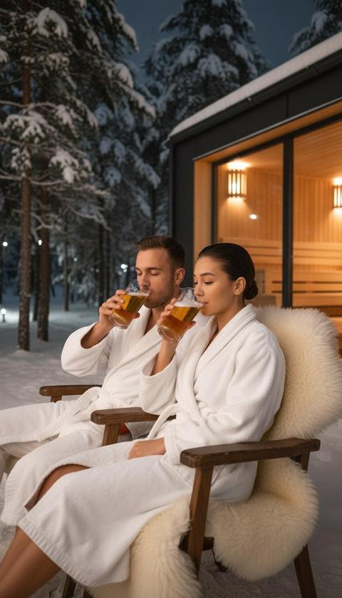 Не меняй черты лица 
На фотографии запечатлена ночная банная сцена, у входа в баню, где молодая пара наслаждается напитками. Сцена имеет атмосферу городского ночного лайфстайла.
Крупный план, изображающий молодую пару, плотно прижавшуюся друг к другу.Мужчина: сидит на деревянном стуле на стуле меховая шкура, девушка сидит рядом тоже на таком же кресле со шкурой. Одеты в белые халаты Он смотрит в объектив, одновременно отпивая из прозрачного бокала пиво.
У нее зачесанные назад волосы. Она отпивает из прозрачного стеклянного бокала с пивом золотистого цвета. На фоне лес и дом с панарамным окном и шикарные сосны 
Зима
Мужчина закрывает часть лица кружкой глаза закрыты