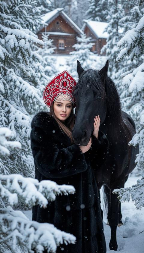 Девушка в чёрной шубе 
Стоит в зимнем лесу густом, вокруг елок, вдали деревянные избы. Рядом с ней, чёрный конь, статный. 
Девушка обнимает его. 
На голове у девушки красный кокошник усыпанный стразами красными и красными камнями. Фото по пояс. 
Фото со вспышкой 
Формат 9:16