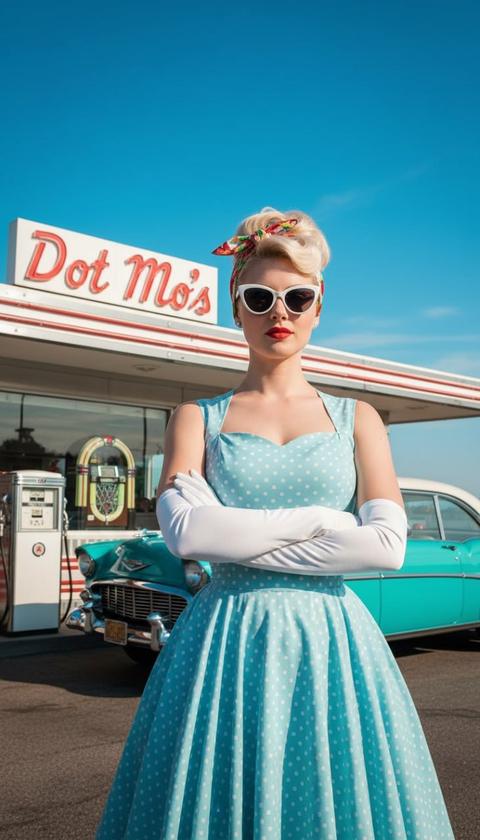 Поразительно гламурная пинап-красавица 1950-х годов, ее платиновые светлые волосы тщательно уложены в элегантную высокую прическу, идеально обрамляющую лицо классической красоты. Яркий, шелковый платок с игривым цветочным узором лихо завязан вокруг ее уложенных локонов. Ее глаза игриво скрыты изящными, безупречно белыми солнцезащитными очками "кошачий глаз", острые углы которых намекают на озорное очарование. Яркий мазок алой губной помады сияет на ее идеально очерченных губах, словно яркий рубин на безупречной коже. Она одета в очаровательное светло-голубое платье в горошек, облегающий лиф которого подчеркивает ее фигуру, затянутое на талии, а затем расходящееся в пышную, игривую юбку, усыпанную четкими белыми кружочками. Ее руки, длинные и изящные, скрещены с выражением несомненной уверенности, одеты в безупречные, до локтя белые перчатки, которые придают оттенок утонченной элегантности.

Она стоит изящно и уверенно, воплощение винтажного очарования. За ней разворачивается квинтэссенция американской мечты: ретро-закусочная и автозаправочная станция, их хром сияет под солнцем, с нарисованной от руки вывеской "Dot Mo's", которая обещает хорошее времяпрепровождение и классическую еду. Припаркованный рядом со зданием, великолепный бирюзовый винтажный автомобиль блестит, его полированные хромированные бамперы и шины с белыми боковинами ловят свет, отражая яркое окружение. Через окно или стоящий рядом классический музыкальный автомат мерцает, его разноцветные огни намекают на забытые мелодии. Все это происходит на фоне бескрайнего, яркого голубого неба, безмятежное лазурное полотно, простирающееся бесконечно, окутывающее всю сцену мягким, кинематографическим сиянием. Изображение фотореалистично, каждая деталь прорисована с захватывающей дух четкостью, воплощая вневременную винтажную эстетику, залитое драматическим кинематографическим светом, средний план, который запечатлевает каждый четкий, сверхдетальный элемент в потрясающем разрешении 8k, поистине шедевр ностальгии середины века.