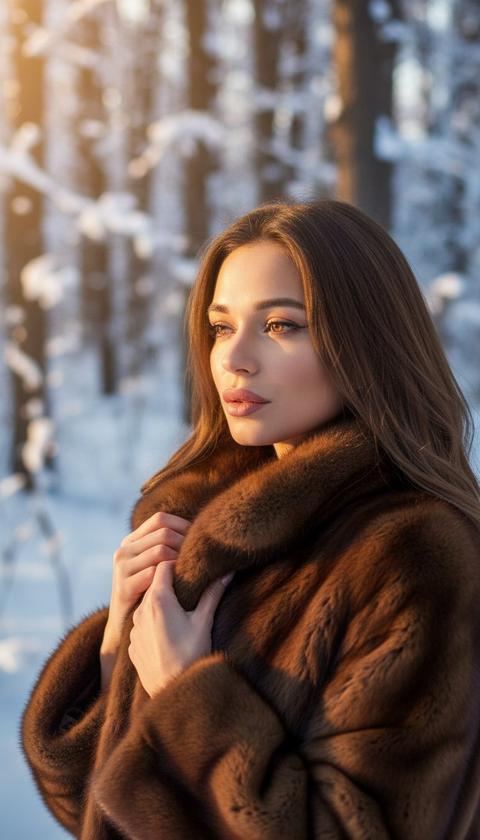 Создай портрет, не меняя черты лица. Экстремально близкий ракурс лица Зимний лес, ракурс полубоком к камере, девушка в  коричневой дорогой шубе, она поправляет край верх шубы, смотрит в сторону, фото в золотой час, солнце освещает ярко её лицо, качество 8К