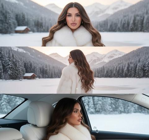 Гиперреалистичный портрет одной женщины в разрешении 8K, три горизонтальных кадра, расположенных вертикально (~33% каждый), бесшовный коллаж, без рамок и линий
Одна и та же женщина во всех кадрах, идентичная референсу 1:1 — то же лицо, пропорции, костная структура, естественная красота. Гиперреалистичная сияющая кожа с полностью видимыми порами, лучистой микротекстурой, без сглаживания
Общие детали модели (все кадры)
Длинные, густые, роскошные распущенные волны, всегда полностью распущенные (СТРОГО: абсолютно никаких пучков, никаких шалостей, никакого частичного завязывания, никаких заколок, никакого поднимания, никакого закалывания — волосы ДОЛЖНЫ оставаться 100% полностью распущенными в каждом кадре), мягкий естественный блеск, реалистичные пряди
Мягкий люксовый макияж: сияющая кожа, тонкий контур, теплые румяна, натуральные длинные ресницы, нюдовые атласные губы, зимний румянец от холода
Меховая шуба: роскошная премиальная цвета слоновой кости, чрезвычайно пушистая, мягкая, объемная, полностью застегнута, без пуговиц, без ремней, никакой другой одежды не видно
Кинематографическая зимняя модная фотография, тихая роскошь, спокойствие, мягкий зимний рассветный свет, пастельная бело-розово-голубо-бежевая палитра, нежные морозные акценты, легкий снегопад, нежная дымка
Верхний кадр — Портрет сверхкрупным планом (Мегазум, СТРОГО КРУПНЫЙ ПЛАН, На уровне глаз)
Лицо заполняет кадр от подбородка до макушки, снято на уровне глаз, очень близко (СТРОГО)
Сверхреалистичное лицо, живая точность, точные черты лица, соответствующие референсу (СТРОГО).
ДОПОЛНИТЕЛЬНОЕ УСИЛЕНИЕ СУПЕРРЕАЛИЗМА (СТРОГО, ВАЖНО)
Максимальная реалистичность — сверхдетализированная структура пор, естественные микротени, микроскопическая текстура кожи, реалистичное подповерхностное рассеивание, насыщенная глубиной геометрия лица, аутентичное затухание света, реалистичные несовершенства, многомерные слои деталей.
Лицо должно выглядеть неотличимым от реального человека — нулевая пластичность, нулевое сглаживание, нулевая мягкость ИИ, максимальный реализм, глубина, четкость, нюансы и микроконтраст.
Выражение спокойное, уверенное, женственное
Глаза пристально смотрят прямо в камеру (СТРОГО, ВАЖНО)
Волосы полностью распущены, строго 100% вниз, мягкий естественный поток по обеим сторонам; СТРОГО: никаких пучков, шалостей, частичного завязывания, заколок, отсутствующих прядей, никакого поднимания или закалывания
Меховой капюшон чрезвычайно объемный, глубокий, мягкий, плюшевый, полностью окружает лицо (СТРОГО, ВАЖНО)
Фон: приглушенный вечнозеленый лес, мягко размытый; СТРОГО без автомобиля
Мягкий рассветный солнечный свет с пастельным розовым, белым, светло-голубым, бежевым оттенком, более яркий золотисто-розовый восходный свет, освещающий ее лицо, теплые мерцающие золотисто-розовые блики
Атмосфера интимная, премиальная, цельная
Средний кадр — Замерзшее озеро (Поясной снимок)
Женщина стоит полностью спиной к камере, лицо не видно
Волосы полностью распущены — СТРОГО: 100% полностью распущены, длинные, густые, естественно ниспадающие по спине; никаких пучков, никаких шалостей, никакого завязывания, никаких заколок, никаких частичных подъемов; капюшон снят, лежит ровно
Шуба цвета слоновой кости полностью застегнута. Снег отчетливо виден на переднем плане
Фон: замерзшее отражающее озеро; заснеженные альпийские горы; обширный вечнозеленый лес; деревянная хижина на левом берегу
Мягкий снегопад, тонкая дымка/туман, пастельные бело-розово-голубо-бежевые блики, нежный, более сильный рассветный солнечный свет с золотисто-розовым свечением, воздушный восходный свет
Атмосфера кинематографическая, слегка мистическая, цельная. Поза безмятежная и элегантная
Нижний кадр — Салон Maybach (Крупный/средний портрет)
Женщина сидит на заднем левом пассажирском сиденье
Тесный кадр: только ее лицо крупным планом в профиль, белый подголовник позади нее, белый роскошный салон Maybach и окно
Других деталей интерьера не видно
Волосы полностью распущены — СТРОГО: 100% полностью распущены, естественно ниспадающие; никаких пучков, шалостей, частичного завязывания, заколок, снега, никакого закалывания или поднимания
Мягкий взгляд в профиль из окна; вид: заснеженный вечнозеленый лес, размытый инеем
Естественный боковой свет с мягким розовым рассветным солнечным светом, освещающим ее лицо, нежные тепло-розовые блики
Выражение спокойное, задумчивое, элегантное
Атмосфера интимная, премиальная, тихая роскошь
Общая эстетика стиля
Кинематографичность, сверхдетализированные текстуры, высококлассный зимний репортаж
Тонкая дымка, пастельная бело-розово-голубо-бежевая палитра, нежный свет восхода, мягко сияющая атмосфера
Все кадры согласованы по цвету, настроению, освещению и стилю