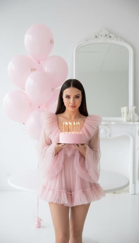 Фотография женщины в средний рост, стоящей в светлой комнате. Она опирается на белый круглый стол и держит маленький розовый торт с зажженными свечами. На ней короткий, воздушный розовый комбинезон из тюля с оборками и широкими рукавами. У нее ровный матовый тон кожи, тушь на ресницах и розовые губы. На заднем плане — большая связка светло-розовых гелиевых шаров с золотыми надписями, а также белый каминный портал и старинное арочное зеркало. Яркое, ровное и мягкое студийное освещение, минимальные мягкие тени, праздничная атмосфера, снято портретным объективом, средняя глубина резкости, резкий фокус на женщине, фотореалистичный стиль. Фотография женщины в средний рост, стоящей в светлой комнате. Она опирается на белый круглый стол и держит маленький розовый торт с зажженными свечами. На ней короткий, воздушный розовый комбинезон из тюля с оборками и широкими рукавами. У нее ровный матовый тон кожи, тушь на ресницах и розовые губы. На заднем плане — большая связка светло-розовых гелиевых шаров с золотыми надписями, а также белый каминный портал и старинное арочное зеркало. Яркое, ровное и мягкое студийное освещение, минимальные мягкие тени, праздничная атмосфера, снято портретным объективом, средняя глубина резкости, резкий фокус на женщине, фотореалистичный стиль.