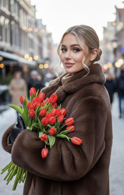 Вертикальный кадр 9:16, ультра-качество 8K, сверхвысокая детализация, чистая картинка без шумов и артефактов, реалистичные текстуры кожи, волос, меха и ткани, профессиональная фотосъёмка, мягкое киношное боке, высокая микродетализация (micro-details), естественная резкость без перешарпа.

 • Upscale: 2x–4x, итог 8K (например 4320×7680 для 9:16)
 • High detail / High fidelity mode: ON
 • Face identity strength: высокий (70–90%), чтобы сохранить лицо
 • Denoise/variation strength: низкий–средний (0.25–0.45), чтобы не испортить сходство
 • Sharpen: very mild / natural (избегать перешарпа)
 • Texture preservation: ON (hair/skin/fur)
 • Photoreal mode: ON
 • Seed: фиксированный (для повторяемости)
 • Lighting consistency: ON
 • Anti-artifacts / deblock / anti-banding: ON

Профессиональная гиперреалистичная фотография 8K, высокая детализация черт лица и тела, портрет, 
крупным планом девушки точно с референса, трендовый зимний Instagram-лук 2026: объёмная коричневая шуба оверсайз без капюшона в шоколадном оттенке Mocha Mousse (дизайнерский крой как у Balenciaga pre-fall), под ней крупная вязка свитера, кожаные перчатки до локтя, держит огромный букет ярких красных тюльпанов (с росой и листьями), волосы собраны в низкий аккуратный пучок с мягкими локонами обрамляющими лицо, объёмные чёрные ресницы, нюдовые губы, стоит в пол-оборота на оживлённой зимней улице Amsterdam (люди вдали, снег искрится, фонари и кафе), нежная улыбка, взгляд через плечо в камеру, снежинки на ресницах и шубе, пар от дыхания, мягкий солнечный свет утра, стиль street fashion lifestyle, Canon EOS R5, 85mm объектив, вертикальный формат 9:16 для Instagram, masterpiece, sharp focus.
Негативный промпт: деформированное лицо/руки/пучок, не похожа на референс, капюшон на шубе, маленький букет/синие цветы, пустая улица, тёмная погода, прямой ракурс, без снега/пара, тонкие волосы, низкое качество, размытость, мультяшный стиль, текст, водяные знаки, плохая анатомия, обрезанная голова