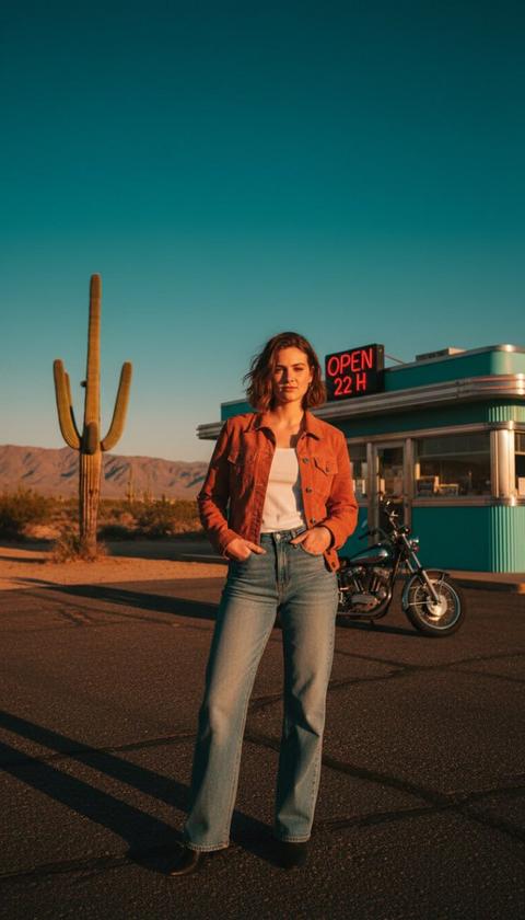 Короткие, четкие каштановые волосы молодой женщины искусно растрепаны, улавливая низкий, янтарный свет тонкими бликами, пока она стоит со спокойной уверенностью. Её терракотовая куртка, насыщенного, землистого оттенка, ощущается слегка текстурированной, возможно, это мягкая замша или поношенный холст, контрастируя с чистыми линиями белого топа, выглядывающего из-под неё. Широкие светло-голубые джинсы из мягкого, выцветшего денима свободно ниспадают до земли, их свободный крой намекает на расслабленную позу. Её руки глубоко засунуты в карманы, плечи слегка расслаблены, что придает её позе небрежную элегантность на темной, слегка обветренной асфальтовой дороге, которая простирается с тусклым, почти бархатистым блеском под заходящим солнцем.

Рядом с ней сияет ретро-закусочная у дороги, её фасад из гофрированного металла окрашен в яркий, выцветший от солнца бирюзовый цвет, акцентированный блестящими хромированными элементами, которые отражают огненное свечение пустыни. Яркая, почти пульсирующая красная неоновая вывеска, возвещающая "OPEN 22 H", тихо гудит, отбрасывая теплое, манящее сияние на сгущающиеся сумерки. Припаркованный рядом безмолвный винтажный мотоцикл, возможно, классический круизер, ловит свет на своих полированных хромированных трубах и крыльях, его черное кожаное сиденье впитывает объятия золотого часа, намекая на несметные путешествия.

На обширном заднем плане разворачивается бескрайний, безмолвный пустынный пейзаж под огромным, открытым небом, раскрашенным в оттенки глубокого бирюзового и огненно-оранжевого. Древние, суровые горы величественно возвышаются, их вершины вырисованы на горизонте в оттенках индиго и жженой сиены, их грозное присутствие — свидетельство времени. На переднем и среднем планах возвышается кактус сагуаро, стоящий на страже, его ребристая, скульптурная форма отбрасывает невероятно длинную, чернильно-темную тень, простирающуюся по песчаной земле, его колючие ветви улавливают последние, теплые лучи низкого солнца, придавая ему мягкий, светящийся контур.

Вся сцена омыта теплым, медовым сиянием золотого часа, свет мягкий, рассеянный и почти осязаемый, создающий драматически длинные, графичные тени, которые растягиваются и искажаются по асфальту и песку. Доминирует богатая бирюзово-оранжевая цветовая палитра, наполняющая атмосферу кинематографической, винтажной эстетикой. Каждый сверхдетальный элемент, от текстуры асфальта до едва слышного гудения неона, передан с исключительной четкостью, смягченной едва заметным пленочным зерном, которое вызывает ностальгическое, атмосферное ощущение, словно сошедшее с 8k киноэкрана. Небольшой низкий ракурс подчеркивает необъятность пейзажа и возвышающееся присутствие закусочной и кактуса, вовлекая зрителя в это погружающее, почти сказочное полотно.