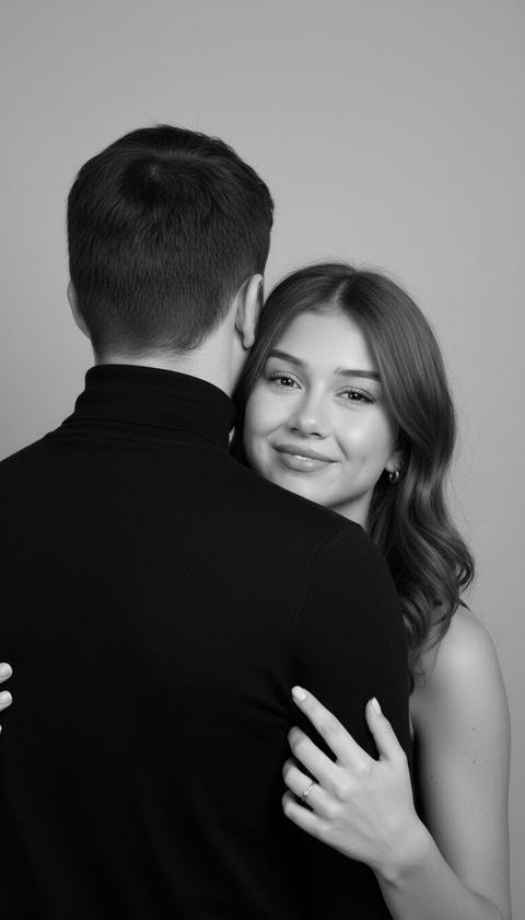 Пара тесно обнимается, мужчина спиной к камере, а женщина справа от него, лицом к камере. Средний план по пояс, прямой ракурс, центрированная композиция. Плечо мужчины закрывает часть подбородка женщины. На женщине естественный макияж с ровным тоном кожи, едва заметными подводкой и тушью, и мягкими, матовыми нюдовыми губами. Мужчина одет в черную водолазку. Одежда женщины не видна, так как ее тело закрыто мужчиной. У женщины аккуратные, ухоженные ногти светлого цвета и тонкое кольцо на пальце. Простой студийный фон с плавным светло-серым градиентом. Мягкое, рассеянное студийное освещение. Мягкие тени на правой стороне лица женщины. Низкий контраст. Фотореалистичный черно-белый стиль. Снято на портретный объектив 85 мм.