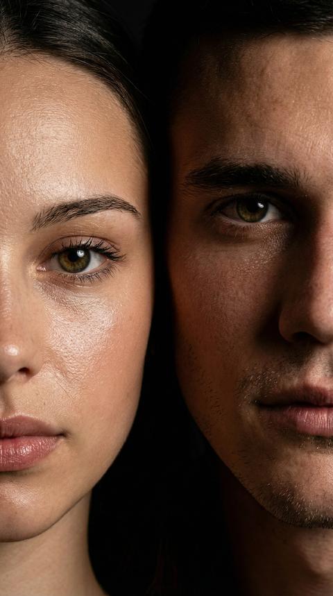 создай портрет, не меняя черты лица. Крупный план (extreme close-up) двух лиц, мужчины и женщины, их лица прижатых друг к другу. Видны только половины каждого лица.  Драматичное освещение в стиле чиароскуро, глубокие тени. Невероятная детализация кожи: видны поры, текстура, легкая щетина у мужчины и естественный блеск у женщины. выразительный взгляд прямо в камеру. Высокое разрешение, макросъемка, профессиональное студийное фото, 8k.