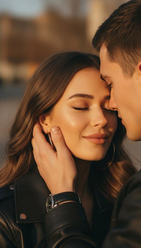 Создай портрет, не меняя черты лица. Крупный план (extreme close-up) лица молодой женщины и мужчины в интимный, нежный момент. Мужчина мягко держит её лицо рукой, пальцы касаются щеки и лба. Мужчину почти не видно(только нижнюю часть лица. Женщина с закрытыми глазами, легкая улыбка. Теплое закатное освещение, мягкие тени. волосы волнистые, кожа с естественной текстурой. На женщине золотые серьги-кольца и черная кожаная куртка. Кинематографичный стиль, эстетика 35-мм пленки, глубокие коричневые и золотистые тона, мягкий фокус на фоне. Цветокоррекция в теплых шоколадных и янтарных оттенках. Высокая детализация волос и кожи. Золотой час, мягкий естественный свет, боке. Глубокое чувство близости и спокойствия.Subject: Candid close-up of a couple, intimate moment, gentle touch.
Details: Golden hoop earrings, black leather jacket, messy blonde hair.
Lighting: Warm golden hour light, soft shadows, cinematic lighting.
Technical: Shot on 35mm film, grainy texture, shallow depth of field, 8k resolution.