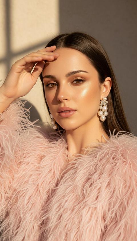 Создай портрет, не меняя черты лица. Роскошная молодая женщина с длинными прямыми  волосами, позирующая в объемной шубе из пудрового розового пера страуса . На ней надеты крупные перламутровые серьги . Макияж в теплых золотисто-нюдовых тонах с эффектом сияющей кожи и влажным блеском на губах. Она смотрит в камеру ,  рука нежно касается лба. Мягкое естественное освещение из окна создает контрастные тени на стене и красиво подсвечивает текстуру меха. Эстетика высокой моды, журнальная съемка, высокое разрешение, фотореализм.Солнечный свет, направленный свет (hard light/soft shadows).Нежно-розовый, золотистый, бежевый.
Стиль: Портрет крупным планом (close-up), fashion-фотография.
Детализация: Текстура меха, детали украшений, реалистичная кожа.