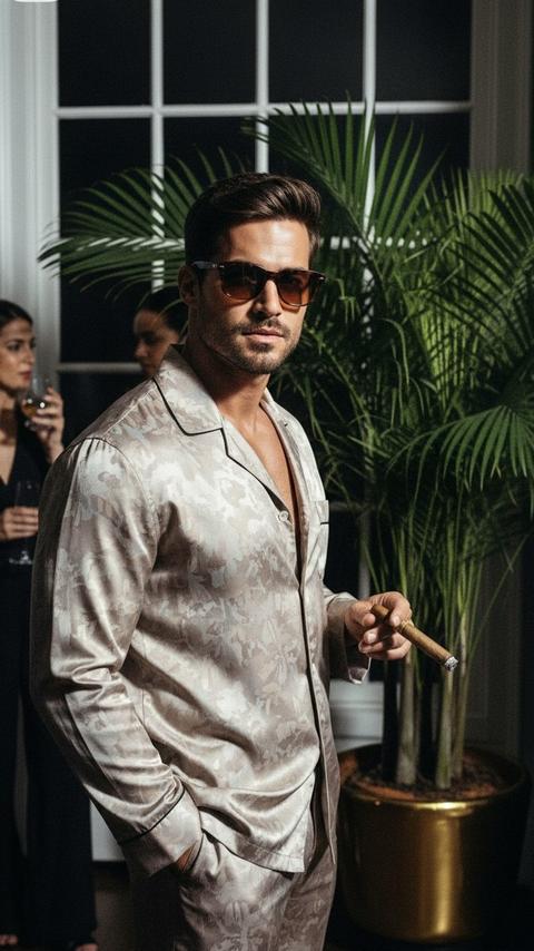 Не меняй черты лица 
Кинематографический экстремально близкий портрет мужчины
Фото сделано на уровне глаз 
Он стоит в комнате на вечеринке. Возле большого цветка зеленого похожим на пальму Цветок в золотом глянцевом горшке. За ним большое превратное окно там стоят люди  с бокалами в камеру они не смотрят. 
Смотрит в камеру мужчина
Он одет в шелковый дорогой пижамный костюм (брюки и рубашка) с паттерным рисунком 
Слегка растегнут сверху 
Рука одна в кармане
Другой рукой он курит сигару 
Фото со вспышкой
Фото с добавлением зерна 
Формат 9:16
На глазах коричневые солнцезащитные очки