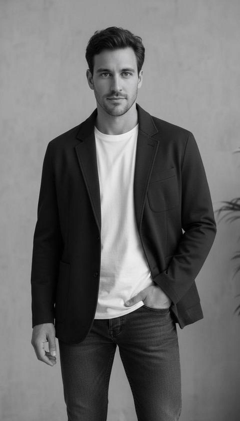 Реалистичное фото чб молодого человека,позирующего в стильном наряде. Он одет в темный классический пиджак с длинными рукавами, который свободно обнимает его фигуру и белую футболку, и в темно-серые джинсы. Его рука расслабленно заходит в карман брюк, в то время как другая рука просто опущена, создавая эффект несерьезной уверенности. Взгляд в камеру. Стильная прическа молодого человека аккуратно уложена, а его поза излучает непринужденность и стиль. 
Фон изображения представляет собой однотонную, мягкую серую текстуру, что создает минималистичное и современное ощущение. Освещение мягкое и равномерное, без резких теней, что подчеркивает текстуры одежды и линии силуэта модели. 
Цветовая палитра включает глубокий черный цвет пиджака, чистый белый цвет футболки и темно-серые джинсы, что создает стильный контраст между элементами наряда. 
Композиция хорошо сбалансирована, с акцентом на фигуру молодого человека, который занимает центральное место в кадре. Убедительная поза и серьезное выражение лица моделируют уверенность и расслабленность, привлекая к себе внимание зрителей. Максимально сохрани черты лица мужчины, не изменяя их. 
Общая атмосфера изображения является современным и стильным, передающим атмосферу уверенности и элегантности в повседневном стиле.