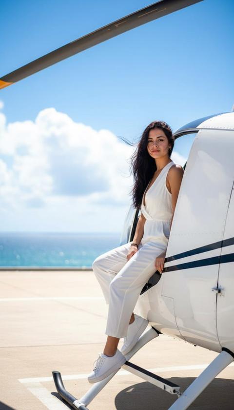 Развевающиеся на ветру пряди золотистых светлых волос ловят яркий свет, естественным образом обрамляя ее лицо, пока они мягко танцуют вокруг нее, а некоторые выбившиеся локоны смягчают черты. Ее взгляд, прямой и наполненный тонкой, непринужденной уверенностью, устремлен вперед, а на губах застыло естественное, расслабленное выражение. Она непринужденно сидит на гладком, прохладном металлическом краю открытого дверного проема изящного, роскошного белого вертолета, чья безупречная краска сверкает под солнцем.

Элегантные, стильные белые солнцезащитные очки, чьи темные линзы отражают проблески яркого неба, идеально сидят на ее носу, скрывая, но не умаляя естественной красоты ее лица. Безупречно белая ткань ее комбинезона с глубоким V-образным вырезом непринужденно ниспадает, легкий материал ловит мягкие блики и тонко подчеркивает ее фигуру, а V-образный вырез добавляет нотку утонченной привлекательности без усилий. Ее такие же безупречно белые кроссовки, чьи чистые линии и тонкие текстуры видны, непринужденно расположены: одна нога вытянута и свободно свисает, намекая на обширное пространство внизу, в то время как другая расслаблена.

Сцена разворачивается на залитой солнцем вертолетной площадке, чья поверхность отражает рассеянное тепло, простираясь под ней. За ней мир открывается в захватывающее дух пространство: сияющее, почти невероятно голубое небо выгибается над головой, усеянное мягкими, объемными белыми облаками, лениво плывущими, их края светятся. Далеко вдали искрящийся океан простирается до горизонта, его поверхность — это меняющийся гобелен из глубокой лазури и серебра, живой и яркий фон. Каждая прядь ее волос, каждый шов ее наряда и каждая мельчайшая деталь безупречной отделки вертолета переданы с захватывающей дух четкостью, залитые сияющим, высококонтрастным кинематографическим светом, который придает сцене невероятную глубину и реализм. Малая глубина резкости мягко размывает далекий океан в живописное пятно цвета, в то время как ее уверенное, естественное лицо и непосредственное окружение остаются изысканно четкими, делая каждый элемент ультра-детализированным и абсолютно фотореалистичным.