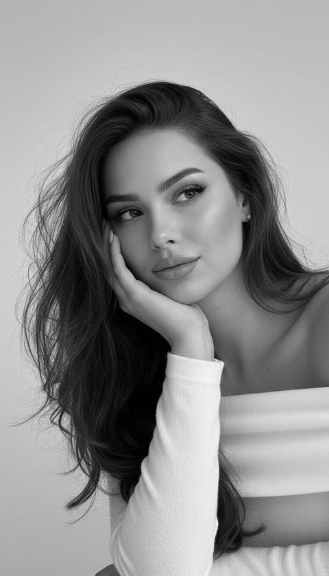 Использовать загруженное фото как единственный эталон внешности. Строго сохранить внешность пользователя 1:1 — лицо, кожу, возраст, черты, форму губ, носа, глаз, бровей, волосы и пропорции без изменений. Фотореалистичный студийный портрет, крупный план по плечи. Женщина развернута к камере под углом, правое плечо ближе к объективу, корпус слегка повернут в влево, голова мягко наклонена в бок, повернута влево, опирается на ладонь левой руки, взгляд направлен в сторону, не в камеру. Выражение мягкое, задумчивое, лёгкая полуулыбка. Боковой пробор волос. Волосы волнистые, распущенные, с небрежной текстурой, сильно растрепанные.
Одежда: белый плотный топ с открытыми плечами, минималистичный. Свет мягкий студийный, направленный сбоку, подчёркивает скулы и губы, плавные тени. Фон однотонный светлый студийный. Чёрно-белая фотография, высокий контраст, кинематографичная эстетика, плёночное ощущение, высокая детализация, без ретуши, fashion portrait. Использовать загруженное фото как единственный эталон внешности. Строго сохранить внешность пользователя 1:1 — лицо, кожу, возраст, черты, форму губ, носа, глаз, бровей, волосы и пропорции без изменений. Фотореалистичный студийный портрет, крупный план по плечи. Женщина развернута к камере под углом, правое плечо ближе к объективу, корпус слегка повернут в влево, голова мягко наклонена в бок, повернута влево, опирается на ладонь левой руки, взгляд направлен в сторону, не в камеру. Выражение мягкое, задумчивое, лёгкая полуулыбка. Боковой пробор волос. Волосы волнистые, распущенные, с небрежной текстурой, сильно растрепанные.
Одежда: белый плотный топ с открытыми плечами, минималистичный. Свет мягкий студийный, направленный сбоку, подчёркивает скулы и губы, плавные тени. Фон однотонный светлый студийный. Чёрно-белая фотография, высокий контраст, кинематографичная эстетика, плёночное ощущение, высокая детализация, без ретуши, fashion portrait.