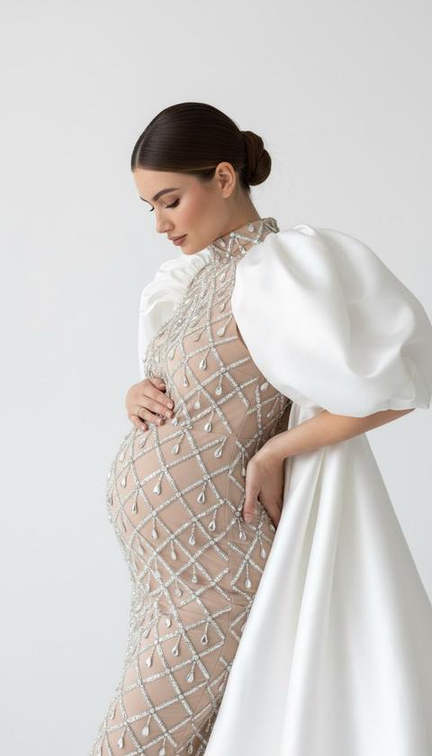 Беременная женщина в профиль, слегка повернута к камере, ее левая рука поддерживает живот, правая рука лежит на пояснице, взгляд направлен вниз. Средний план в три четверти, от макушки до середины бедра. На ней естественный макияж с ровным тоном кожи и матово-атласная помада натурального розовато-коричневого оттенка. Ее волосы гладкие, собраны в низкий, тугой пучок с прямым центральным пробором. На ней облегающее бежевое платье без рукавов с высоким воротником-стойкой, полностью покрытое крупными серебряными украшениями из пересекающихся диагональных линий и каплевидных подвесок, создающими ромбовидный геометрический узор по всему телу. Массивный белый атласный шлейф ниспадает с ее плеч с очень объемными пышными рукавами, собранными в крупные складки. Место действия — минималистичная студийная локация с полностью белым бесшовным фоном и мягким, равномерным студийным освещением. Высокая детализация, фотореалистично, снято на портретный объектив 85 мм.