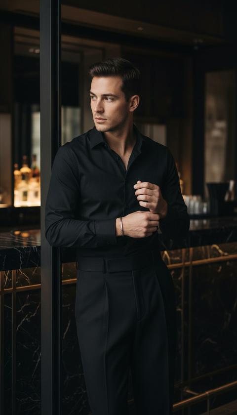 Фотография мужчины, опирающегося на вертикальную металлическую колонну, задумчиво смотрящего в сторону. Он слегка поворачивает голову влево и одной рукой поправляет манжету. Снимок средней крупности, в три четверти длины, от головы до середины бедра. Мужчина расположен немного правее центра, а колонна образует сильную вертикальную линию слева. На нем облегающая черная рубашка из гладкого хлопка с легким блеском. Рукава застегнуты на манжетах, верхняя пуговица рубашки расстегнута, и рубашка заправлена в черные брюки с высокой талией, широким структурированным ремнем и четкими стрелками спереди. На его правом запястье надет простой металлический браслет с гладкой узкой полосой. Мужчина, опирающийся на барную стойку или столешницу из темного металла и черного мрамора с полированной поверхностью и...