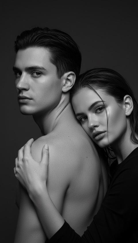 СТРОГО СОХРАНИ ВНЕШНОСТЬ двух людей с прикреплённых фото, 1:1 без ЛЮБЫХ изменений. Не менять форму и пропорции лиц, индивидуальные черты и мимику.
Чёрно-белый ультра-реалистичный студийный портрет.
Мужчина стоит СПЕРЕДИ, корпус развернут в сторону от камеры, лицо в лёгком профиле.
Женщина находится ПОЗАДИ мужчины, стоит вплотную, повторяет направление его корпуса. Она плотно прижимается к его спине, её плечо и щёка касаются верхней части его спины.
Очень крупный портретный кадр: видны только лица, шея и верх плеч.
В кадре нет видимой одежды, ткани или аксессуаров — только кожа и мокрые волосы.
У мужчины и женщины мокрые волосы и влажная кожа, капли воды на лице и шее.
У женщины влажные пряди прилипают к лицу, вискам и щеке, без аккуратной укладки.
Эффект свежей влаги после дождя.
Оба с серьёзным, напряжённым выражением.
Контрастный студийный свет, глубокие тени.
Минималистичный тёмный фон.
Фотореализм, высокая детализация, без лишних объектов.