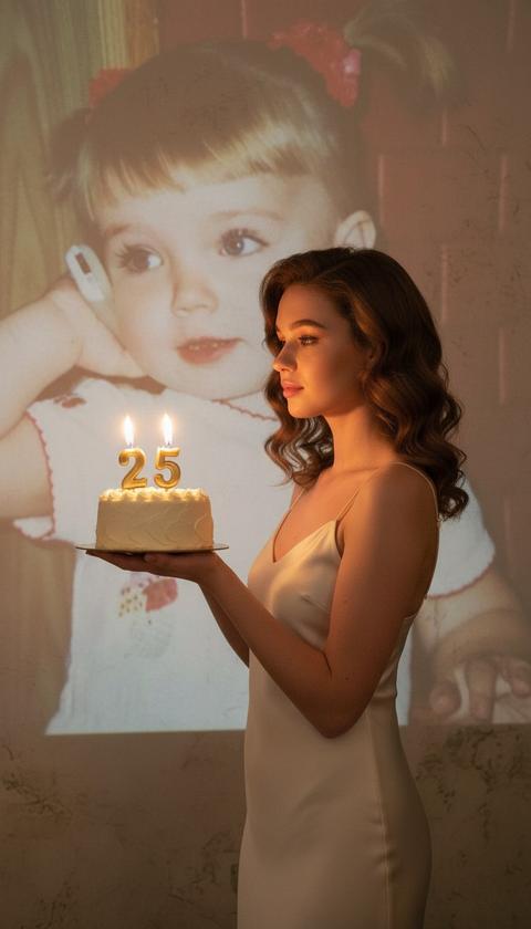 Не меняй черты лица, оставь их точь-в-точь как на загруженном фото.
Создай ультрареалистичное фото, снятое на телефон: живая девушка с красивой укладкой  волос, в молочном шёлковом платье на бретельках держит бенто-торт с горящими золотыми свечами цифрой {age}. Она стоит чуть правее центра. На стену позади - полностью проецируется её детская фотография, на которой хорошо видно лицо ребёнка . Атмосфера тёплая, ностальгическая, сочетание настоящего и прошлого. Снимок праздничный и стильный. Девушка смотрит на свечи. Она находится немного в профиль к камере. Проекция проходит будто сквозь неё.
do not alter or modify the subject's facial structure, skin tone, or body proportions. maintain original identity, ethnicity, and anthropometry with full fidelity. only lighting, background, and frozen textures are to be reinterpreted within the prompt context. ultra-sharp, high dynamic range, studio clarity, realistic skin texture, natural pores, subtle film grain, editorial color grading, shot for
print.Формат фото 9:16.