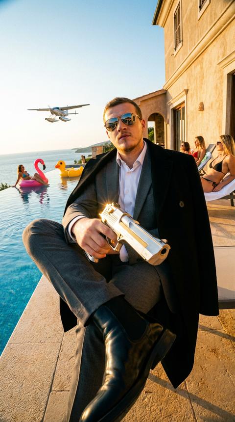 (кинематографичный, фильм-нуар, тропический нуар, сверхнизкоугольный объектив «рыбий глаз», гипердетализированный, драматическое освещение, 8k)

**Сцена и атмосфера:** Гангстерский рай на уединенной вилле на побережье Кубы или Мексики. Настроение сочетает тайну фильм-нуара с ярким тропическим декадансом. Поздний послеобеденный золотой час.

**Босс – Главный объект:** Властный мужчина, **его лицо сохранено точно как на референсном фото (те же черты, пропорции, детализация кожи)**. На нем **зеркальные солнцезащитные очки-авиаторы**. Одет в элегантный серый костюм, белую рубашку и черное пальто, накинутое на плечи. Его начищенные черные ботинки блестят.

**Ключевое действие и реквизит:** Он сидит с невозмутимой, расслабленной угрозой у бассейна-инфинити. В руке он держит элегантно детализированный серебряно-золотой пистолет Desert Eagle с непринужденной властностью. Пистолет и его ботинок являются основными точками фокусировки.

**Композиция и камера:** Широкоугольный кадр с ультранизкого ракурса, использующий изысканный объектив «рыбий глаз». Драматическая перспектива подчеркивает как начищенный ботинок на переднем плане, так и пистолет в его руке. Босс находится в центре, а позади него разворачивается яркая сцена.

**Обстановка:**
*   **Вилла:** Деревенская вилла в колониальном стиле с текстурированными стенами.
*   **Бассейн и океан:** Бассейн-инфинити, сливающийся с океаном. В бассейне женщины в ярких бикини потягивают коктейли среди забавных надувных игрушек (розовые фламинго, большие желтые утки).
*   **Небо:** Сверхнизко летящий гидросамолет скользит по поверхности океана.

**Освещение и атмосфера:** Теплое, золотистое послеобеденное солнце создает длинные тени и богатые контрасты. Солнечный свет сверкает на воде, пистолете и его солнцезащитных очках. Эксклюзивно, опасно и роскошно расслабленно.

**Цветовая палитра:** Земляные тона виллы контрастируют с яркими цветами бикини и игрушек для бассейна. Монохромный наряд босса выделяет его. Металлические акценты от пистолета.

**Технический стиль:** Четкий фокус на боссе, пистолете и ботинке. Едва заметное зерно пленки. Усиленная насыщенность цвета для тропических элементов.

--ar 16:9 --style raw