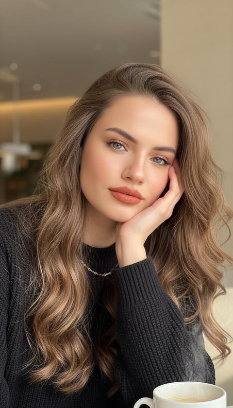 Крупный портрет женщины, снятый на уровне глаз в высоком разрешении, занимает центральную и левую часть кадра. Женщина, слегка смещенная влево, имеет голову, нежно наклоненную вправо, с левой рукой, поддерживающей лицо, ладонью прижатой к щеке и линии подбородка. Её волосы объемны, сLoose волнами, падающими на плечи, в основном с левой стороны, демонстрируя мягкую, растрепанную текстуру. Черты лица четко очерчены, с теплым оттенком кожи и ухоженными бровями цвета пепельного коричневого.имеет четкие ресницы и мягкий взгляд. Губы, накрашенные матовой теплой терракотовой помадой, слегка приоткрыты. На ней объемный черный свитер с выраженной рибровкой и круглым вырезом. На шее висит золотая цепочка с рубиновыми бусинами. В правом нижнем углу виден белый керамический стакан с поднимающимся паром. Фон мягко размытый, с теплыми бежевыми и светло-коричневыми оттенками, освещенный естественным солнечным светом, создающим уютную атмосферу с мягкими тенями и бликами.не меняй черты лица