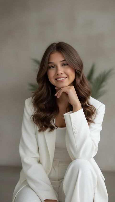 Создай портрет, не меняя черты лица. Ультрареалистичный портрет с разрешением 8K, снятый на iPhone 17: Женщина, одетая в белый костюм большого размера, уверенно сидит, скрестив ноги и подперев рукой подбородок. У нее длинные волнистые волосы, уложенные свободными волнами, безупречный макияж, подчеркивающий черты ее лица. Мягкий фон и минималистская эстетика фотографии подчеркивают ее элегантность и уравновешенность, делая портрет современным и утонченным.