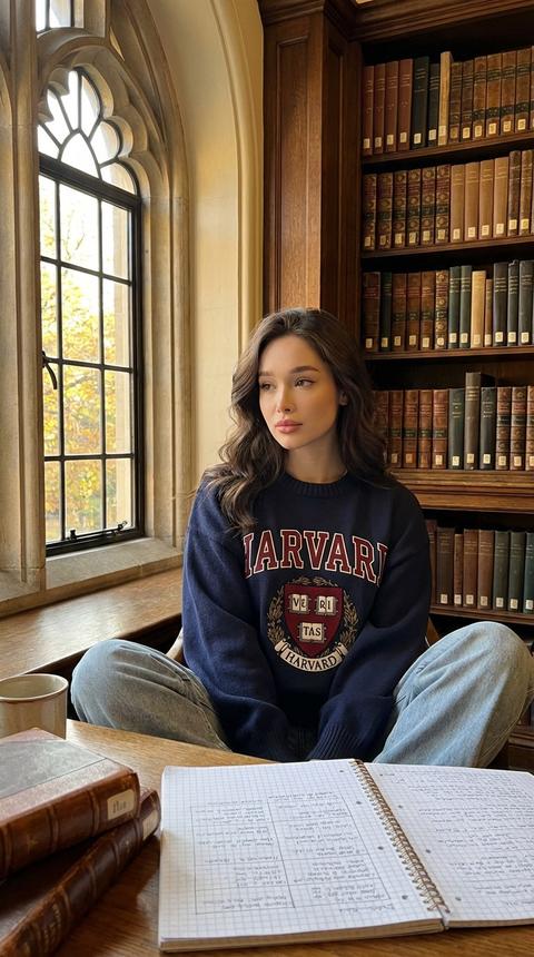 Не меняй черты лица. Ультрореалистичое фото студентки Принстона или Гарварда в уютном свитере oversize цвета вузовской команды, в джинсах тот-jeans. Она сидит у окна в готической университетской библиотеке, её озаряет осенний луч света. Перед ней - стопка книг и конспект в клетку. Выражение лица — задумчивое, умное. Легкий макияж, красиво уложенные волосы. На заднем плане — только ряды старых деревянных книжных полок. Винтажная академическая атмосфера.
