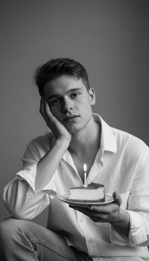 Создай портрет, Не меняя черты лица. , экстремально близкий чёрно-белый кадр с кинематографическим эффектом. Контраст на фото повышен, создавая драматическое освещение и глубокие тени, что подчеркивает выразительные черты лица.Мужчина  одет в свободную белую мужскую рубашку оверсайз, и джинсы, сидя расслабленно, в руке он держит тарелку с кусочком чизкейка , с одной горящей свечкой. 
Его кожа, освещённая мягким светом, выглядит естественно, 
Он подпирает лицо рукой 
Фон серый размытый, зернистый, что добавляет эффекта старинной фотографии, усиливая атмосферу камерности и сделав ее более ощутимой