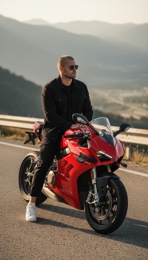 Ультрареалистичный, в полный рост, кинематографический снимок стильного молодого человека худощавого телосложения (около 57 кг, рост 168 см) — его борода остается неизменной, а голова чисто выбрита, что придает ему современный, уверенный лысый вид. Он носит маленькие серебряные серьги-кольца в обоих ушах, добавляющие тонкую, стильную изюминку его внешности. Уверенно сидит на горной дороге во время золотого часа, снято как будто на цифровую зеркальную камеру. На нем солнцезащитные очки-авиаторы, черная джинсовая куртка поверх футболки, мешковатые черные брюки-карго и белые кроссовки.

Одна нога стоит на земле, другая на подножке мотоцикла, слегка наклонившись, он задумчиво смотрит вдаль.

Ракурс камеры низкий, спереди-слева, с Ducati и извилистой дорогой, с горами, мягко размытыми на заднем плане.

Естественный теплый солнечный свет подчеркивает текстуры.