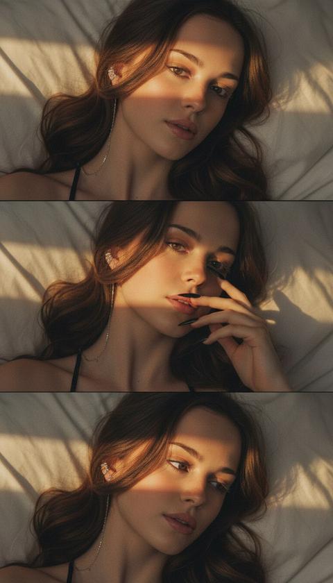 Не меняй черты лица, оставь их точь в точь как на загруженном фото, в том числе макияж и волосы.
Композиция из триптиха изображает женщину дома лежащей на кровати га подушке в золотой час
На ней топ на бретельках. Фото по пояс
На верхнем кадре портрет лица крупным планом, женщина делает селфи от первого лица смотрит в камеру полубоком, солнце полосой освещает лицо, на ухе сережка серебряная каффа по уху тонка цепочка с бриллиантами
На центральном кадре близкий ракурс губ девушки той же , проводит рукой по губам
На нижнем кадре портрет крупным планом глаз, изображена всё та же женщина,на той же кровати, голова запрокинута назад кадр сбоку, солнце полосой освещает глаза
На всех кадрах её волосы падают на лицо закрывая часть
Цветовая палитра приглушена
Общий стиль наводит на романтику. Присутствует видимая зернистость. На каждом кадре попадает солнечный свет
На каждом кадре кинематографический эффекта с добавлением зерна
Прическа везде одна
Ногти везде чёрные острые длинные Не меняй черты лица, оставь их точь в точь как на загруженном фото, в том числе макияж и волосы.
Композиция из триптиха изображает женщину дома лежащей на кровати га подушке в золотой час
На ней топ на бретельках. Фото по пояс
На верхнем кадре портрет лица крупным планом, женщина делает селфи от первого лица смотрит в камеру полубоком, солнце полосой освещает лицо, на ухе сережка серебряная каффа по уху тонка цепочка с бриллиантами
На центральном кадре близкий ракурс губ девушки той же , проводит рукой по губам
На нижнем кадре портрет крупным планом глаз, изображена всё та же женщина,на той же кровати, голова запрокинута назад кадр сбоку, солнце полосой освещает глаза
На всех кадрах её волосы падают на лицо закрывая часть
Цветовая палитра приглушена
Общий стиль наводит на романтику. Присутствует видимая зернистость. На каждом кадре попадает солнечный свет
На каждом кадре кинематографический эффекта с добавлением зерна
Прическа везде одна
Ногти везде чёрные острые длинные
