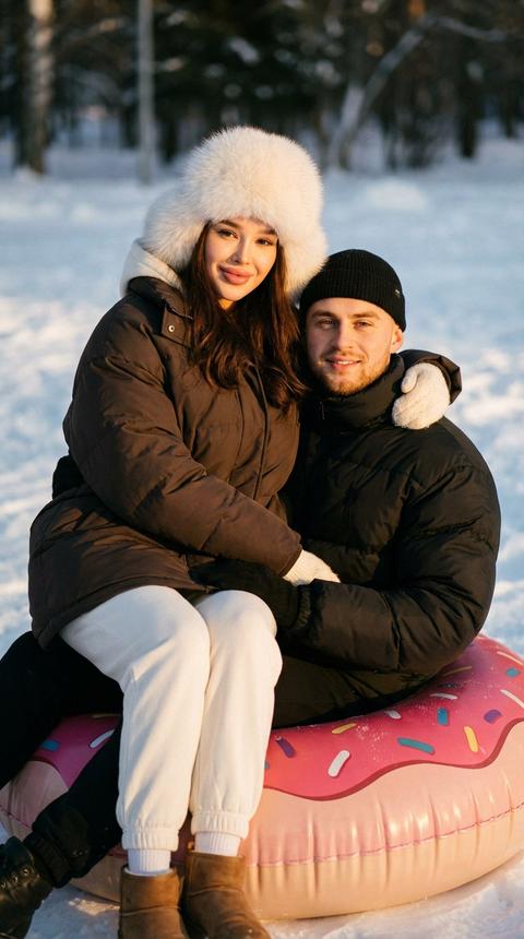  портрет, не меняя черты лица Кинематографический близкий портрет лиц мужчины и красивой женщины с безупречным макияжем. 
Они сидят на тюбинге на розовом тюбинге в виде пончика, девушка сидит на мужчине 
Они в зимней одежде уютной , на женщине оверсайз темно коричневая зимняя куртка, белые  джоггеры, на голове пушистая белая песцовая шапка ушанка, мужчина в черном оверсайз пуховике и черной маленькой шапке Бини. 
зимний День фото в золотой час  
У них легкая улыбка 
Кинематографический стиль с добавлением мелкого зерна  
Весь снимок выглядит реалистично, со студийным освещением, глубокими тенями и текстурами, подчеркнутыми в одежде.