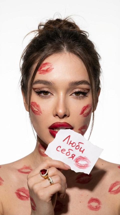 Photorealistic close-up portrait, cinematic
Y2K flash. Clean white background, dramatic overhead professional lighting with depth and sculpted shadows. Head upright, camera close at eye level, eyes sharp, sultry languid gaze. Natural messy updo with light volume and loose strands framing the face. Graphic fox-eye only at the outer corners, emphasized lashes, rich red lipstick with darker contoured edge.
She bites a roughly torn piece of paper with her teeth while holding it by the corner; on the paper, written in red lipstick, the words
"Люби себя" and a visible kiss imprint.
Chaotic red-lipstick kiss marks across face, neck, shoulders. Gold ring with a large red heart and diamond. Replace the face with mine using the reference. Do not alter facial identiti.