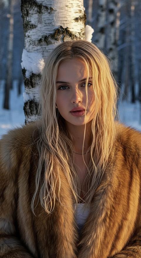 СТРОГО СОХРАНИ ВНЕШНОСТЬ девушки с прикреплённого фото, сохранив 1:1 её настоящее лицо, глаза, нос, губы, кожу с порами и текстурой, волосы, пропорции — всё 100% без изменений. Используй отправленное фото в качестве точного эталона.

Гиперреалистичная, невероятно детализированная портретная фотография крупным планом: молодая девушка стоит в зимнем лесу у ствола белой берёзы, покрытой снегом. Её длинные волнистые волосы влажные, слегка растрёпанные ветром, с прядями, прилипающими к лицу и шее. На ней роскошная золотисто-коричневая шуба из густого меха с золотистыми бликами, открытая на груди, с видимым тонким ожерельем. Выражение лица спокойное, задумчивое, взгляд прямо в камеру с лёгкой меланхолией. Драматическое золотое освещение закатного часа (golden hour), сильный боковой свет слева создаёт тёплые блики на коже, волосах и мехе, глубокие мягкие тени на правой стороне лица для объёма и контраста. Фон слегка размытый — снежный зимний лес с берёзами, холодные тона подчёркивают тепло света. Атмосфера мистическая, элегантная, кинематографическая, как высокая мода. Фотореализм 8K, идеальные текстуры мокрых волос, меха, кожи и снега, естественные блики и глубина резкости.
