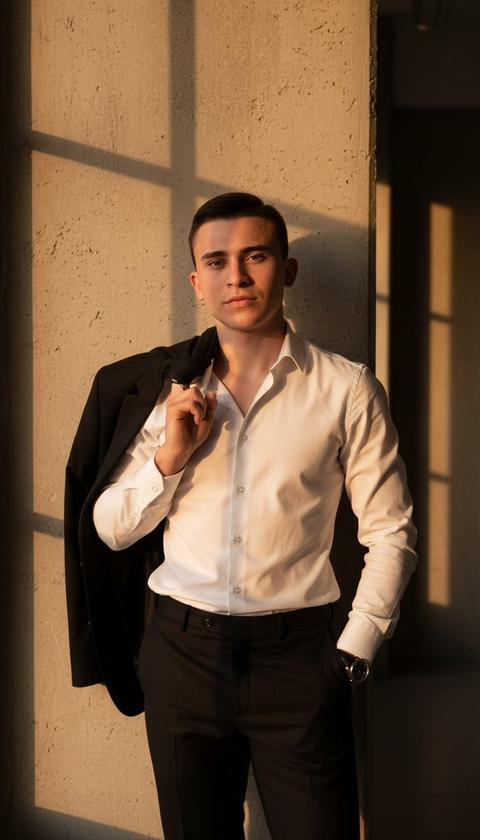 Мужчина стоит в помещении, слегка прислонившись к фактурной бетонной стене, держа одной рукой черный пиджак, накинутый на плечо. Другая его рука находится в кармане брюк. Он смотрит прямо в камеру с нейтральным выражением лица. Короткие, аккуратно уложенные волосы, зачесанные набок. Средний план, снято от середины бедра до чуть выше головы, прямой ракурс. Внутреннее помещение с грубой текстурированной бетонной стеной. Большие прямоугольные тени от окна падают на стену, образуя геометрические световые узоры. Яркий солнечный свет "золотого часа", проникающий через окно, отбрасывает высококонтрастные тени и создает теплые оттенки. Свет падает на лицо и рубашку объекта, создавая отчетливые линии тени от оконной рамы. Белая рубашка на пуговицах, слегка расстегнутая сверху. Черный пиджак, накинутый на плечо. Черные классические брюки. На одной руке видны наручные часы. Никаких дополнительных предметов не видно. Теплые тона с золотистым солнечным светом, нейтральная бежевая стена, черно-белая одежда. Грубая текстура бетонной стены, гладкая хлопковая ткань рубашки, шерстяная или полиэстеровая ткань костюма. Текстура кожи должна выглядеть естественной с видимыми порами при сильном освещении. Руки и пальцы должны быть анатомически правильными и пропорциональными.