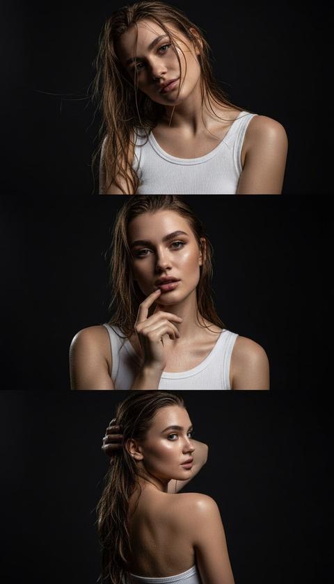 СТРОГО СОХРАНИ ВНЕШНОСТЬ девушки с прикреплённого фото, 1:1 её настоящее лицо, глаза, нос, кожа с порами, пропорции тела — всё 100% без изменений. Используй отправленное фото как эталон для всех кадров серии.
Высокодетализированная студийная фотография-триптих в стиле beauty haute couture с эффектом "wet look": девушка с влажной кожей и мокрыми волосами в белом облегающем топе без рукавов (ребристая ткань). Три кадра в единой композиции:
ВЕРХНИЙ КАДР: Девушка опирается на руку, голова наклонена, взгляд в камеру с лёгкой загадочной улыбкой, капли воды на лице и волосах, волосы разметались.
СРЕДНИЙ КАДР: Крупный план лица — девушка смотрит прямо в камеру, пальцы касаются нижней части рта, губы глянцевые, глаза подчёркнуты, кожа сияет от влаги и света.
НИЖНИЙ КАДР: Девушка повёрнута в три четверти, одна рука поправляет мокрые волосы, взгляд в сторону, спина и плечи видны, мокрые пряди прилипают к коже.
Драматический студийный свет с сильными бликами на влажной коже, волосах и ткани, глубокие тени на чёрном фоне. Атмосфера чувственная, минималистичная, высокая мода с акцентом на текстуру влаги и естественную красоту. 8K, идеальные текстуры мокрой кожи, волос, капель воды. триптих.