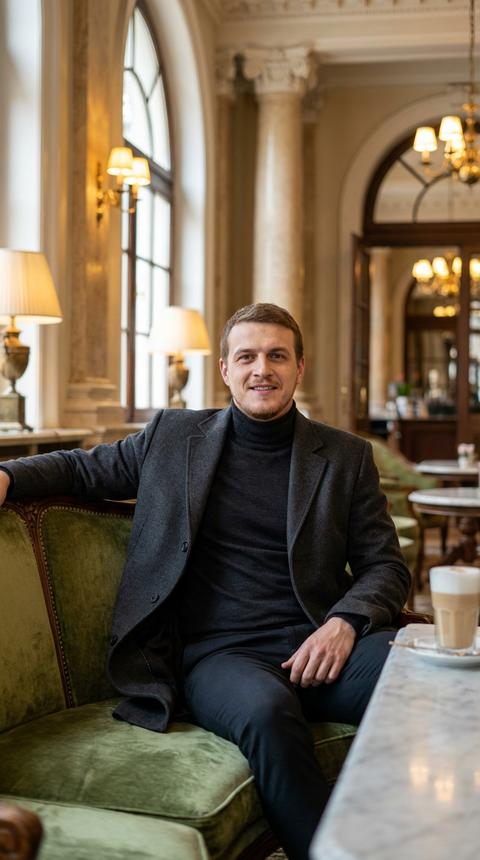 (шедевр, высшее качество, фотореалистичность, 8k, кинематографичность), высококлассный портрет, интерьер роскошного отеля

**Субъект:** Мужчина с ухоженной щетиной и короткой, уложенной прической сидит на богато украшенном зеленом диване. Он одет в элегантном стиле smart casual: приталенное пальто (угольно-серое, верблюжье или темно-оливковое), тонкий трикотажный гольф или рубашка, темные брюки, с необязательными классическими очками.

**Поза и выражение:** Сидит непринужденно, слегка повернувшись к месту женщины на диване. Одна рука лежит вдоль спинки дивана. Его выражение лица спокойное, внимательное и теплое, намекающее на тонкую связь.

**Обстановка и фон:** Интерьер роскошного отеля с высокими арочными дверными проемами, классическими колоннами, винтажными лампами и мраморным столиком с чашкой латте. Богато украшенный зеленый диван расположен рядом с окном.

**Освещение и атмосфера:** Теплое, мягкое рассеянное освещение отеля в сочетании с нежным дневным светом из окна. Сбалансированное, лестное освещение, подчеркивающее текстуры (ткань, щетина, диван). Изысканная, спокойная, кинематографичная атмосфера европейской роскоши.

**Технические детали:** Ультрареалистичное фото, резкий фокус на объекте, высокая детализация текстур и черт лица. Теплая цветовая палитра, малая глубина резкости с мягко размытым фоном.

--ar 4:5 --style raw