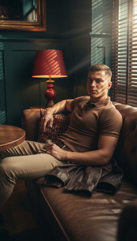 (кинематографичный, атмосферный, натуралистичный, фотореалистичный, малая глубина резкости, акцент на игру света и тени, 8k)

**Объект:** Взрослый мужчина европеоидной расы среднего телосложения, **смотрящий прямо в камеру уверенным, слегка прищуренным взглядом**. Выражение его лица задумчивое, но при этом самоуверенное. У него короткие, уложенные волосы и гладко выбритое лицо.

**Поза и композиция:** Средний план. Объект сидит боком на кожаном диване, откинувшись назад в расслабленной позе. Одна рука лежит на коленях, другая небрежно опущена на диван. На его коленях лежит наброшенная темно-коричневая куртка.

**Гардероб:** Он одет в приталенную коричневую рубашку поло и светло-коричневые брюки, создавая монохромную палитру землистых тонов.

**Сцена и окружение:** Уютный, тускло освещенный лаундж или бар. Темные деревянные или бирюзовые стеновые панели образуют фон. В переднем плане частично виден круглый стол. Красная лампа и подушка с графическим принтом добавляют контрастные цветовые акценты.

**Освещение и атмосфера:** Поздний день. Теплый, направленный солнечный свет проникает сквозь жалюзи, создавая резкие узорчатые полосы света и тени на объекте, диване и полу. Красный рассеянный заполняющий свет от лампы добавляет глубины и создает атмосферный, интимный контраст с холодными тенями. Общий тон кинематографичный, задумчивый и уверенный.

**Ключевые визуальные детали:**
- **Световой эффект:** Легкие, едва заметные блики от интенсивного солнечного света, проникающего сквозь жалюзи.
- **Цветовая палитра:** Доминирующие теплые коричневые и красные тона, контрастирующие с темно-бирюзовыми/черными тенями.
- **Текстуры:** Зернистость кожи, плетение рубашки поло, мягкость ткани куртки.

**Технический стиль:**
- Симулированные настройки камеры: низкое ISO, диафрагма f/2.8, выдержка 1/100 с.
- Малая глубина резкости: объект находится в резком фокусе на фоне мягко размытого заднего плана.
- Минимальный цифровой шум, чистая оптика.
- Натуралистичное, кинематографичное качество.

--ar 4:5 --style raw