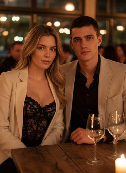 Создай реалистичное и романтичное фото пары, используя загруженное фото как точную основу. Лица, выражения, возраст и цвет кожи полностью сохранить без ретуши и изменений.
Сцена: уютный вечерний ресторан с тёплым мягким светом, лёгким боке и приглушённым фоном. Пара сидит рядом за деревянным столом. Мужчина выглядит выше и крупнее девушки, это заметно в посадке и пропорциях.
Девушка слегка наклонена к мужчине, смотрит в камеру тёплым уверенным взглядом. На ней стильный корсетный топ и лёгкий пиджак.
Мужчина сидит рядом, чуть развёрнут в её сторону. На нём стильная чёрная рубашка и бежевый льняной пиджак.
Освещение мягкое, золотистое, подчёркивает естественные черты лиц и атмосферу спокойного романтичного вечера, создавая ощущение близости без постановочности.