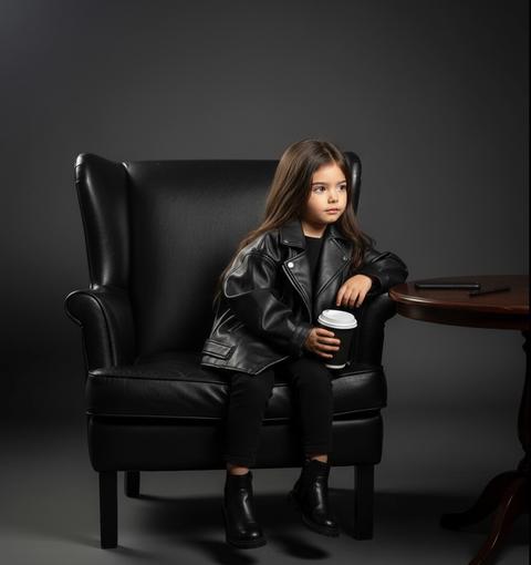 Используйте ребенка на [фото] в качестве основного субъекта.
Сохраняйте лицо, и все определяющие черты лица человека с [фото] неизменными — верно сохраняйте его подобие, выражение лица и естественный тон кожи.
Разрешить изменения только в позе, одежде, освещении и фоновой настройке.
Создай изображение ребенка. Максимально сохрани ребенка внешность
 фотография ребенка, сидящего в черном кожаном кресле в фотостудии, он держит чашку и телефон с ручкой, который стоит на столе рядом с ним. Он сидит, наклоненный спереди, смотрит в сторону в современном стиле. Он одет во все черное: черная свободная куртка, черные брюки, черные туфли, он держит чашку кофе на вынос, элегантный и смелый стиль с оттенком таинственности, не меняя его лица.