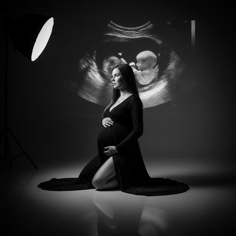 "High‑resolution black and white maternity studio portrait. Full‑length image of a pregnant woman kneeling on a smooth reflective floor, body turned slightly to the side in a gentle three‑quarter pose. She wears a long, flowing black gown with long sleeves, a subtle V‑neck and a high slit that reveals one leg; fabric pools elegantly on the floor. One hand cradles the top of her belly, the other supports the underside — классическая поза заботы и ожидания. Длинные поямые волосы ниспадают по плечам, минимум украшений, натуральный, спокойный образ.

На фоне крупно проецируется крупный чёрно‑белый ультразвуковой снимок плода, занимая верхнюю часть кадра и создавая эмоциональную связь с силуэтом женщины. Фон тёмный, с мягким градиентом вокруг проекции для глубины и фокуса на главных элементах композиции. Под ногами слабое отражение фигуры на полированном полу.

Освещение низко‑ключевое и кинематографичное: мягкий направленный софтбокс как основной свет слева‑вверху, тонкий контровый/рим‑свет справа‑сзади для отделения силуэта от фона; нежные переходы и акценты на форме живота и складках платья. Высокий контраст с глубокими чёрными и чистыми, но не пересвеченными, светлыми участками. Лёгкая зернистость пленки, тонкая виньетка, мягкая ретушь с ручной техникой dodge burn для подчёркивания объёмов.

Кадрирование: вертикальное, женщина в центре или чуть смещена вправо/влево для баланса с проекцией УЗИ; объектив около 85 мм, небольшая глубина резкости для мягкого отделения от фона, но достаточная резкость по фигуре и проекции. Технические параметры ориентировочно: f/2.8–f/4, низкое ISO для чистоты, выдержка для студийного света.

Стиль обработки: монохром с богатой тональной палитрой, натуральная кожа, глубокие тёплые тени, аккуратная контрастная обработка, лёгкая пленочная зернистость, окончательная цветокоррекция в ч/б для драматичности и интимности. Эмоция: спокойная, задумчивая, тёплая, торжественная.

(Опционально добавить негативные указания: убрать элементы фона, яркие цвета, отвлекающие аксессуары, сильные текстуры пола или мебели; избегать пересветов и жёстких теней на теле.)"