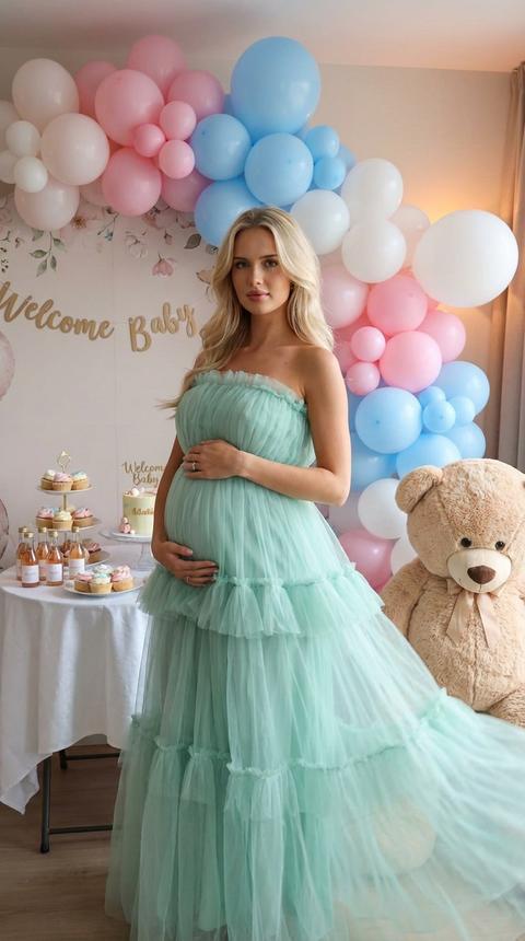 Фотография беременной женщины средним планом, пол не виден. Позади нее находится большая органическая композиция из воздушных шаров пастельных тонов (розовые, голубые, белые). У правого края кадра, частично видимый, стоит большой светло-коричневый плюшевый мишка с ленточкой на шее. У левого края, частично виден небольшой столик с белой скатертью, на котором расположены кексы, мини-бутылочки и небольшой торт или другие сладости. Фоновые стены светлых тонов, с тонким цветочным узором или баннером "Добро пожаловать, малыш".
Беременная женщина стоит по центру, одетая в мятно-зеленое, воздушное, многослойное тюлевое платье без бретелек с облегающим лифом и струящейся юбкой с оборками. Ее левая рука нежно лежит на животе, пока она смотрит в камеру. Ее волосы уложены мягкими волнами. Мягкое, рассеянное освещение смешивает естественные и теплые окружающие источники света, подчеркивая текстуры тюля и пастельного декора. Легкое ощущение движения в ткани, словно от легкого ветерка, придает динамичности.