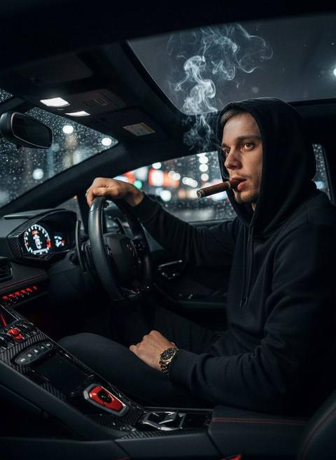 Кинематографичный, гиперреалистичный портрет уверенного мужчины 30 лет, сидящего за рулем роскошного спортивного автомобиля (Lamborghini). Он одет в черную худи с натянутым капюшоном, что придает образу таинственности и стиля. Правая рука уверенно лежит на руле, во рту — крупная сигара, дым от которой поднимается вверх, рассеиваясь в темном салоне. Его взгляд направлен в сторону, выражение лица — сосредоточенное, с легкой ухмылкой. Интерьер автомобиля выполнен в стиле люкс: карбон, кожа, красная подсветка приборной панели. За окном — дождь, капли на стекле, размытые огни ночного города. Освещение драматичное: мягкий внешний свет (закат/сумерки) сочетается с холодной внутренней подсветкой. Цветовая палитра — темная и насыщенная: черный, угольный, с акцентами красного, золотого (часы, сигара) и белого (дым, блики). Снят с низкого ракурса изнутри автомобиля, как будто со стороны пассажира, с малой глубиной резкости — фокус на лице и руках. Ультрадетализированный, 8K, фотореализм, с легкой пленочной текстурой для кинематографичности. Реалистичная физика дыма, отражения на стекле и металле, легкий motion blur на дыме. Стиль: современный урбанистический люкс, автомобильный образ жизни, в духе фильмов «Форсаж» или «Безумный Макс».