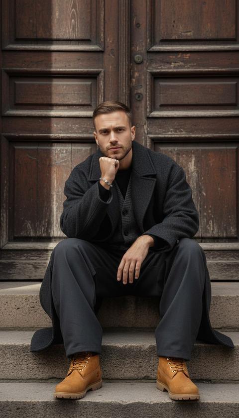 Создай ультрареалистичный атмосферный мужской портрет в стиле уличной fashion-съемки. Модель (пропорции и форма лица, цвет и фактура кожи, цвет глаз и волос, причёска — всё это, как на референсе) сидит на каменных ступенях в непринужденной, но выразительной позе: одна рука с опорой на подбородок, другая свободно лежит на колене. Его взгляд, спокойный и прямой, обращен в камеру. Образ собран из многослойных оверсайз-вещей в монохромной гамме: темно-серые широкие брюки, чёрная рубашка, серая вязаная жилетка и объёмное пальто тёмно-серого оттенка. Завершают образ ботинки Timberland x Supreme. Фон — текстурированная, старая деревянная дверь с глубокими тенями и фактурой, создающая строгий урбанистический контекст. Освещение — естественное, рассеянное, как в поздний пасмурный день, мягко выделяющее контуры фигуры и играющее на складках одежды. Общее настроение — интроспективное, стильное, с лёгкой меланхолией и чувством уединённости в городе.
