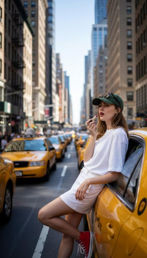 Один луч яркого, бескомпромиссного естественного дневного света прорезает оживленную улицу Нью-Йорка, освещая центральную точку с гиперреалистичной четкостью. Непринужденно, почти томно, высунувшись из окна классического ярко-желтого нью-йоркского такси, стильная женщина застигнута в процессе нанесения насыщенной, кремовой алой помады. Ее губы слегка приоткрыты, сосредоточенное, уверенное выражение украшает ее черты лица, пока яркий красный пигмент скользит по ее верхней губе, обещая смелое, мгновенное преображение.

Ее свободная белая футболка из мягкого, слегка помятого хлопка небрежно ниспадает, ее объемная ткань ловит свет в тонких складках и заломах. Белоснежная мини-юбка, возможно, джинсовая или из плотного льна, доходит чуть выше колен, ее четкие линии резко контрастируют с суровым городским пейзажем. Непринужденно сидящая на ее голове бейсболка глубокого темно-зеленого цвета, ткань которой слегка выцвела от солнца и времени, бросает мягкую тень на ее лоб, в то время как стильные солнцезащитные очки с темными линзами подняты вверх, выглядывая из-под козырька. Ее ступни, виднеющиеся в кадре, обуты в безупречные, ярко-красные кеды из парусины, их белоснежные шнурки и резиновые подошвы служат свежим акцентом на фоне потертого салона такси. Одна рука непринужденно покоится на прогретой солнцем, слегка поцарапанной желтой краске такси, пальцы свободно раскинуты, как будто она остановилась лишь ради этого мимолетного, интимного жеста посреди городской суеты.

Позади нее бесконечная, мерцающая лента ярко-желтых такси тянется по залитому солнцем асфальту, их отполированные поверхности отражают хаотичный танец города в тысяче сверкающих бликов. Сама улица представляет собой симфонию движения и приглушенных звуков; постоянный гул моторов, далекий вой сирены, ритмичное шуршание проезжающего транспорта и шепот бесчисленных разговоров. Пешеходы текут, как река цвета и движения, по переполненным тротуарам. Возвышающаяся городская архитектура обрамляет сцену, величественное сочетание выветренных фасадов из коричневого песчаника со сложными пожарными лестницами, взмывающими вверх, сопоставленное с изящными, современными небоскребами из стекла и стали, которые пронзают яркое, безоблачное голубое небо. Каждый кирпич, каждый блик хрома, каждая пылинка города и каждое тонкое отражение переданы с поразительной, 8К-точностью, заставляя зрителя почувствовать, будто он может шагнуть прямо в этот яркий, искренний момент, застывший во времени.