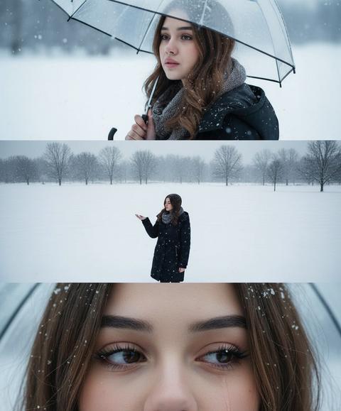 Создайте вертикальную композицию 2160×3840 px 4K, разделенную на три равные горизонтальные части. Девушка (лицо с загруженной фотографии без изменений), с грустным, ностальгическим выражением, смотрит глубоко, с чувством одиночества.
Атмосфера — белый снег, холодная цветовая гамма, вызывающая меланхолию и уединение.
Изображение 1 (портрет): персонаж держит прозрачный зонт, молча поворачивая голову назад. Фон размыт и покрыт белым снегом.
Изображение 2 (в полный рост): персонаж одинок, стоит спиной к камере в бескрайнем заснеженном поле. Камера снимает сверху под углом вниз, и персонаж поднимает руку, чтобы поймать падающие снежинки. На заднем плане — голые, безлистные деревья. Сцена передает ощущение незначительности и изоляции на фоне природы.
Изображение 3 (крупный план): крупный план глаз персонажа, отстраненный взгляд, вызывающий чувства одиночества и тоски.