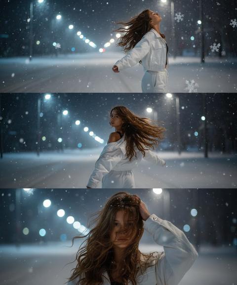 Фото в стиле триптиха, на котором изображена женщина в ночном зимнем городе где сверкает множество фонарей , она идет по трассе . На верхней панели изображена женщина по грудь, в профиль, расположенная в правой части кадра. Она запрокинула голову назад и закрыв глаза будто смотрит в небо разведя руки в стороны. На ней белая свободная куртка, белые спортивные оверсайз джоггеры. Ее волосы развеваются на ветру закрывая лицо. На заднем плане ночной город полный ярких фонарей , где спокойно и нет людей в небе идут хлопья снега, На средней панели изображена всё та же женщина со спины, смотрящая в кадр . На фоне все усыпано снегом по ночному городу. Её волосы сильно развеваются на ветру в них запутались снежинки . На заднем плане нижней панели, крупным планом, изображено лицо всё той же женщины, частично скрытое развевающимися на ветру волосами в них немного снежинок , которая смотрит прямо на зрителя. Правой рукой она придерживает волосы Ночной Город и небо создают ( нейтральный, угрюмый фон для фотографии в натуралистическом стиле и при мягком освещении. Использовать лицо с фото на 100% , не изменяя черты лица