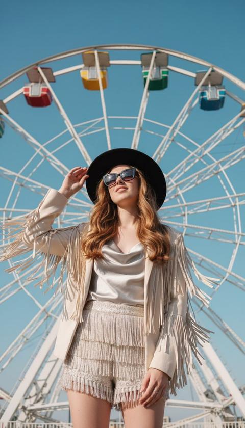 Ее длинные, роскошные волнистые волосы, насыщенного карамельного оттенка, струятся, как жидкий шелк, по ее плечам, улавливая мягкий дневной свет в мерцающих бликах. Безукоризненно скроенная черная федора, с четкими, выразительными фетровыми полями, лихо покоится на ее голове, в то время как гладкие, крупные солнцезащитные очки, темные как обсидиан, скрывают ее глаза, добавляя атмосферу интригующей таинственности. Она одета в кремовую куртку, щедро украшенную мягкой, развевающейся бахромой, которая танцует под невидимым потоком, предлагая игривое, но утонченное движение. Под ней топ цвета жидкого серебра, с тонким атласным блеском, струится плавно, намекая на изящные изгибы ее фигуры. Ее шорты – это игривое произведение из тонко заплетенных кистей, каждая нить тщательно выполнена, ниспадающая вокруг ее бедер и мерцающая при каждом малейшем движении. Одна изящная рука, украшенная одним скромным кольцом, поднята к полям ее федоры, жест одновременно непринужденный и продуманный. Ее голова слегка приподнята вверх, подбородок немного задран, и мягкая, загадочная улыбка играет на ее губах, предполагая тихое веселье или момент полного удовлетворения, когда она смотрит в небо. Позади нее колоссальное белое колесо обозрения, с сияющими спицами, замысловато сплетенными, как паутина из алебастра, величественно возвышается к небесам, его монументальная конструкция доминирует в кадре. Его яркие гондолы, каждая из которых – блестящая драгоценность – рубиново-красные, сапфирово-синие, изумрудно-зеленые и золотисто-желтые – медленно вращаются, добавляя всплески насыщенного цвета на фоне строгой белой конструкции. Над ними небо – невероятно чистое, просторное полотно сияющей лазури, натянутое и бесконечное, без единого облака. Вся сцена запечатлена на эффектном полном кадре с нижнего ракурса, омытая нежным сиянием естественного, рассеянного солнечного света, который подчеркивает каждую нежную бахрому, каждую шелковую прядь и каждую архитектурную линию с захватывающей дух четкостью. Эстетика ярко мечтательна, проникнута неземным сиянием, воспроизведена с ультрадетальной, высокоточной детализацией, создавая кинематографический шедевр уличной фэшн-фотографии.
