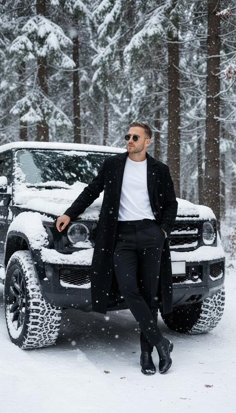 Не меняя внешности мужчины с фото, он стоит в легкой расслабленной позе, опираясь правой рукой на капот черного автомобиля с заметно рельефной, мощной формой и большими колесами, покрытыми снежной шапкой. Мужчина слегка наклонил голову в сторону, направляя взгляд вперед, спрятанный за круглыми темными очками. Он одет в длинное черное пальто, которое свободно ниспадает до середины голени, перекрывая классические черные брюки, аккуратно облегающие ноги, сложенные в замок. Под пальто видна простая белая футболка, создающая контраст с темной одеждой. Его левая рука расслабленно лежит в кармане брюк, создавая ощущение уверенности и спокойствия. Черные кожаные ботинки аккуратно завершают образ, отбрасывая легкие тени на белоснежный снег под ногами. Вокруг него медленно падают крупные снежинки, которых становится все больше, усиливая зимнюю атмосферу. Высокие хвойные деревья, покрытые толстым слоем снега, формируют фон, создавая ощущение уединения в лесной глуши. Несколько листьев и веток аккуратно просвечиваются через снежные хлопья, добавляя глубину и текстурность общей композиции. Свет рассеянный, мягкий, прохладный, подчеркивающий холод зимнего дня и контрастирующий с темными оттенками одежды и машины, а тени едва различимы в окружающем пространстве. Все элементы сцены гармонично объединены, создавая кинематографический эффект, наполненный элегантной сдержанностью и атмосферой спокойствия. фотореалистичное изображение, высокая текстурная детализация, высокое качество, разрешение 8K.
