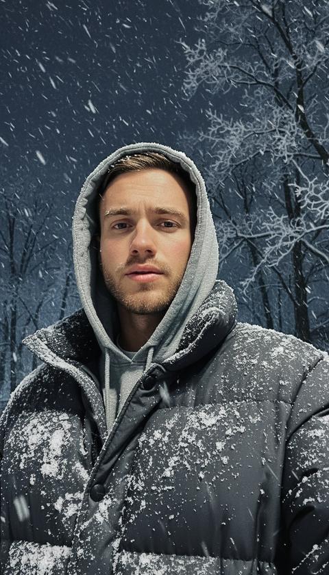 Создай портрет, Не меняй черты лица мужчины. Крупное ночное селфи на улице во время сильного снегопада. Снежинки на одежде, темно серый  оверсайз пуховик, припорошенные снегом, серый капюшон от толстовки на голове.  Смотрит в камеру. Мягкий холодный свет сверху и спереди даёт лёгкий румянец и блики. Камера чуть ниже уровня глаз, лицо приподнято,  спокойное напряжённое выражение. Фон: тёмное зимнее небо и ветви с инеем. Атмосфера холодная, кинематографичная, современный снежный портрет с естественной текстурой.