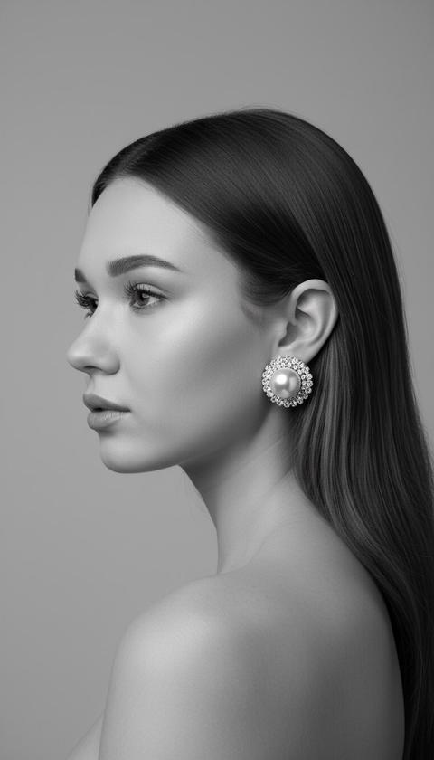 Крупный план черно-белой студийной фотографии женщины с обнаженными плечами, смотрящей в сторону, демонстрируя изысканную жемчужную серьгу. Съемка на уровне глаз, спиной к камере, в профиль. Женщина смотрит в сторону, открывая четкий профиль своего лица и шеи. На ней легкий макияж, ровный матовый тон кожи и тушь на ресницах. На ней невидимый топ, который остался за кадром. Она носит массивную круглую серьгу с крупной жемчужиной в центре, окруженную мелкими сверкающими камнями. В помещении, в профессиональной студии, на простом, бесшовном светло-сером фоне. Мягкое, направленное студийное освещение сбоку создает нежные блики на ее коже, волосах и жемчужинах, а также едва заметные тени, подчеркивающие контуры ее лица. Снято объективом 85 мм для малой глубины резкости, что создает фотореалистичный вид. Крупный план черно-белой студийной фотографии женщины с обнаженными плечами, смотрящей в сторону, демонстрируя изысканную жемчужную серьгу. Съемка на уровне глаз, спиной к камере, в профиль. Женщина смотрит в сторону, открывая четкий профиль своего лица и шеи. На ней легкий макияж, ровный матовый тон кожи и тушь на ресницах. На ней невидимый топ, который остался за кадром. Она носит массивную круглую серьгу с крупной жемчужиной в центре, окруженную мелкими сверкающими камнями. В помещении, в профессиональной студии, на простом, бесшовном светло-сером фоне. Мягкое, направленное студийное освещение сбоку создает нежные блики на ее коже, волосах и жемчужинах, а также едва заметные тени, подчеркивающие контуры ее лица. Снято объективом 85 мм для малой глубины резкости, что создает фотореалистичный вид.
